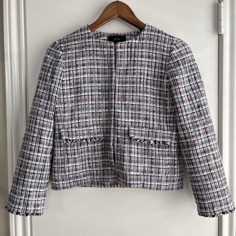 J Crew Womens Size 2‎ Tweed Jacket Red White Blue Academia Preppy Office Career